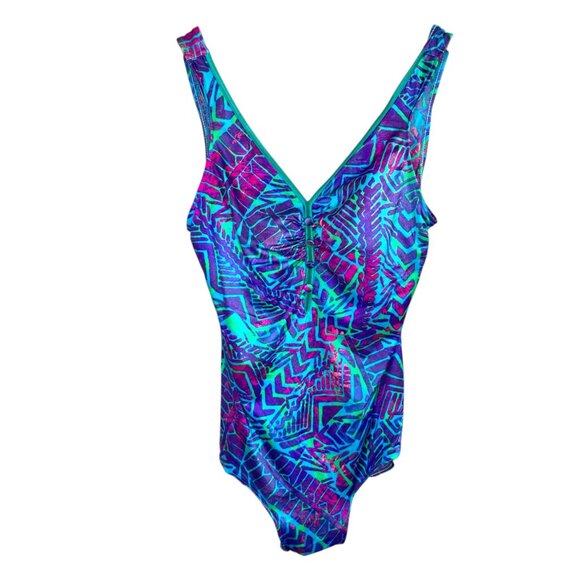Vintage Maxine Of Hollywood One-Piece Blue Geometric V-Neck Swimsuit - Picture 1 of 9